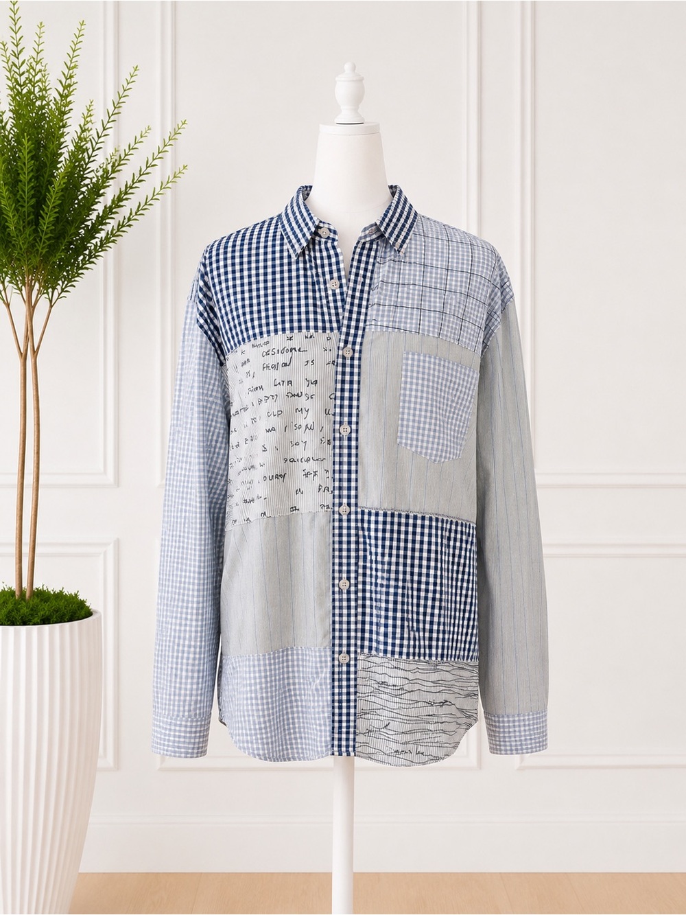 Desigual Men’s XL Patchwork Button Up Shirt Blue Plaid Mixed Print Long Sleeve